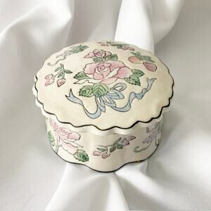 Vintage Hand-Painted Ceramic Jewelry Box with Floral Motif